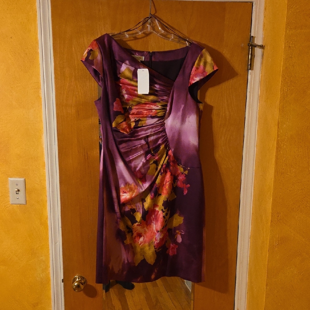 Kay Unger Purple and Pink Floral Midi Dress